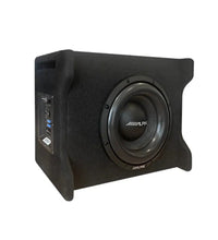 ALPINE PWE-10S4 active 10-inch compact subwoofer with front-facing driver in a black enclosure.