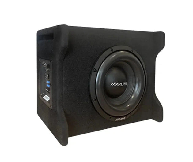 ALPINE PWE-10S4 active 10-inch compact subwoofer with front-facing driver in a black enclosure.
