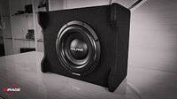 Alpine PWE-10S4 active 10-inch compact subwoofer in a black enclosure.
